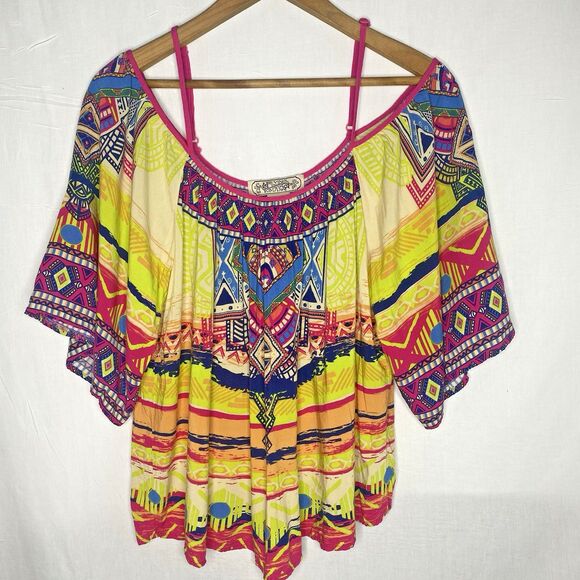 Anthropologie Flying Tomato Blouse Cold Shoulder Aztec Geometric Womens Size M - Picture 2 of 10